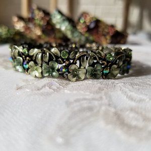 Floral, Green, Metallic Bracelet, Adjustable
